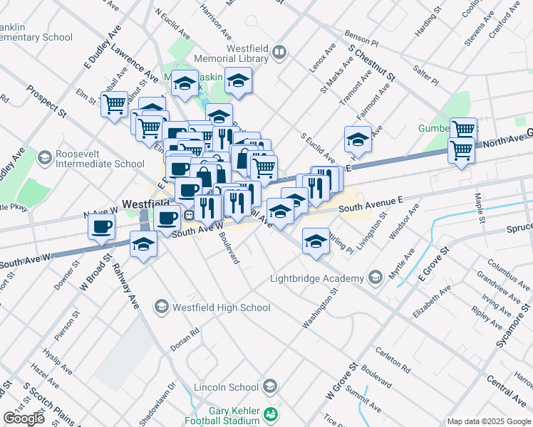 map of restaurants, bars, coffee shops, grocery stores, and more near 333 Central Avenue in Westfield