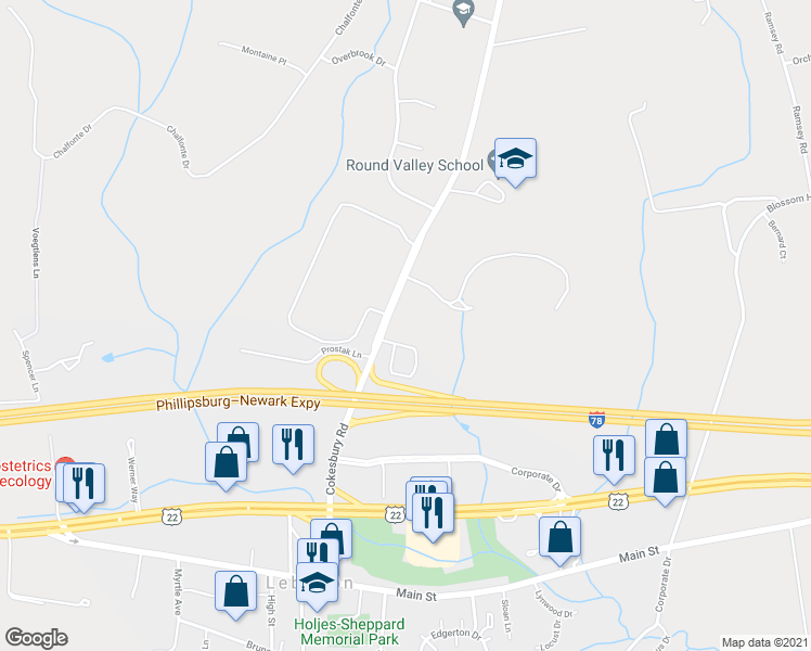 map of restaurants, bars, coffee shops, grocery stores, and more near 102 Cokesbury Road in Lebanon