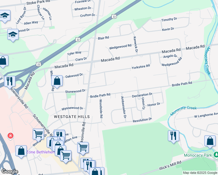 map of restaurants, bars, coffee shops, grocery stores, and more near 1130 Sunset View Drive in Bethlehem