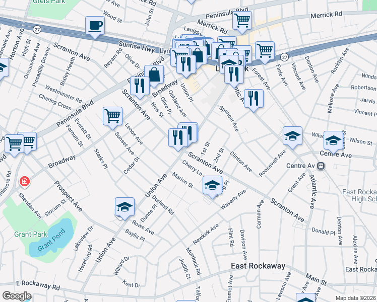 map of restaurants, bars, coffee shops, grocery stores, and more near 142 Union Avenue in Lynbrook