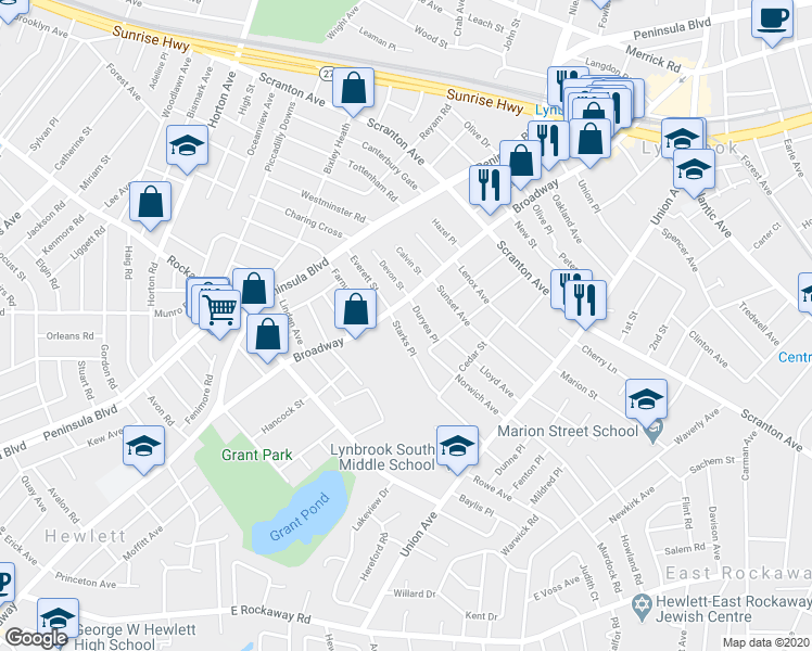 map of restaurants, bars, coffee shops, grocery stores, and more near 2A Duryea Place in Lynbrook