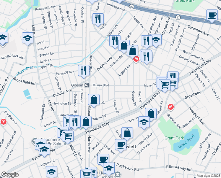 map of restaurants, bars, coffee shops, grocery stores, and more near 79 Munro Boulevard in Valley Stream