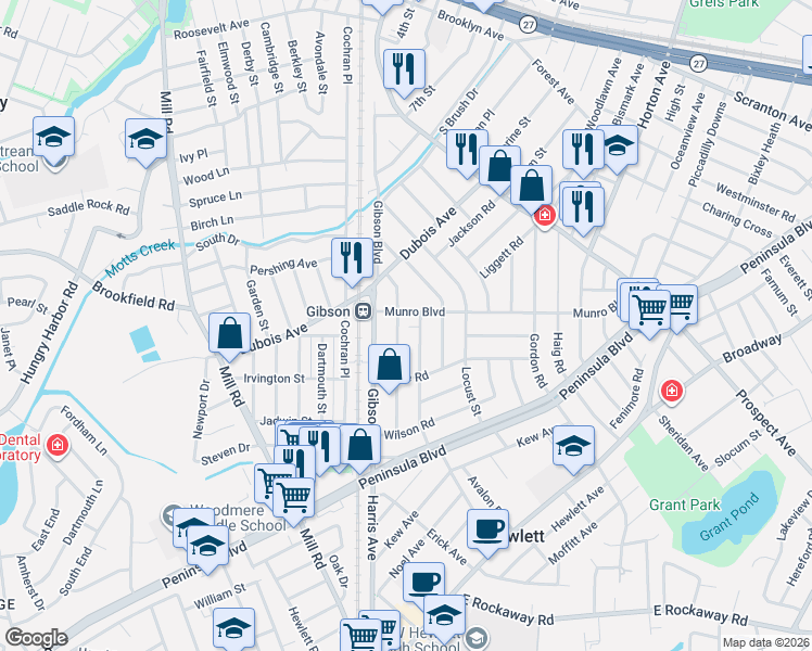 map of restaurants, bars, coffee shops, grocery stores, and more near 45 Munro Boulevard in Valley Stream
