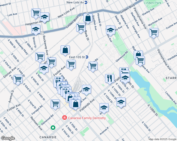 map of restaurants, bars, coffee shops, grocery stores, and more near 10315 Farragut Road in Brooklyn