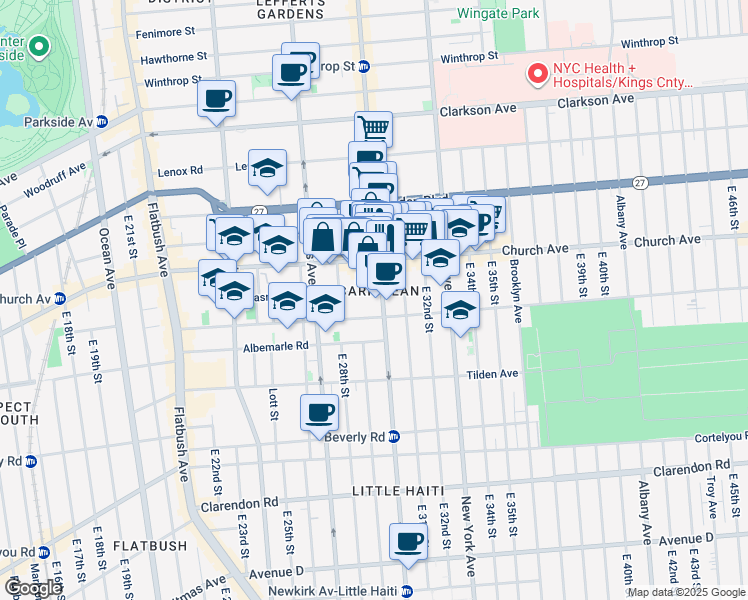 map of restaurants, bars, coffee shops, grocery stores, and more near 165 Erasmus Street in Brooklyn