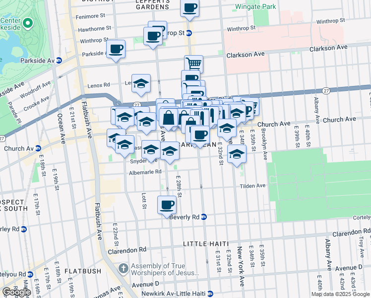 map of restaurants, bars, coffee shops, grocery stores, and more near 165 Erasmus Street in Brooklyn