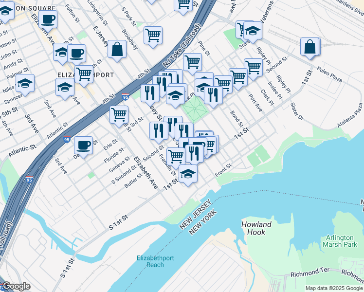map of restaurants, bars, coffee shops, grocery stores, and more near 152 Livingston Street in Elizabeth