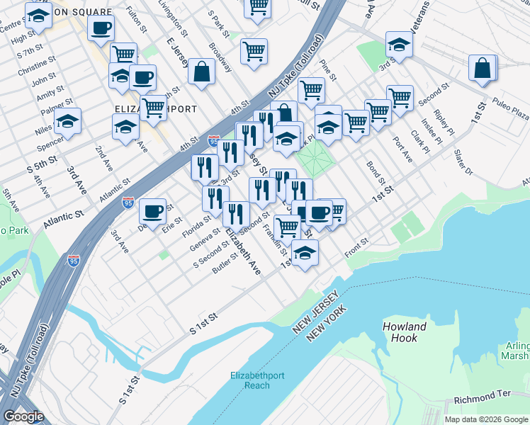 map of restaurants, bars, coffee shops, grocery stores, and more near 223 Franklin Street in Elizabeth