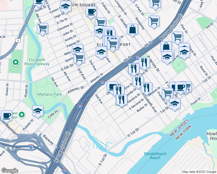 map of restaurants, bars, coffee shops, grocery stores, and more near 40 LT Glenn Zamorski Drive in Elizabeth