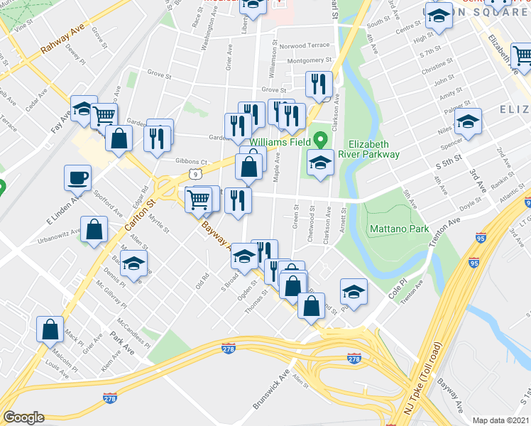 map of restaurants, bars, coffee shops, grocery stores, and more near 684 Summer Street in Elizabeth