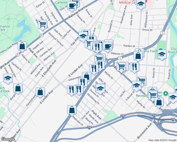 map of restaurants, bars, coffee shops, grocery stores, and more near 937 Spofford Avenue in Elizabeth