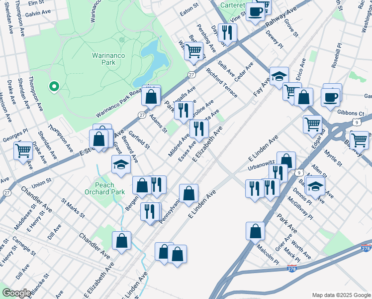 map of restaurants, bars, coffee shops, grocery stores, and more near 1927 Essex Avenue in Linden