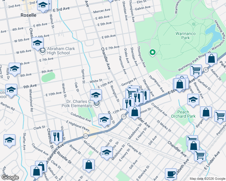 map of restaurants, bars, coffee shops, grocery stores, and more near 1000 Rivington Street in Roselle
