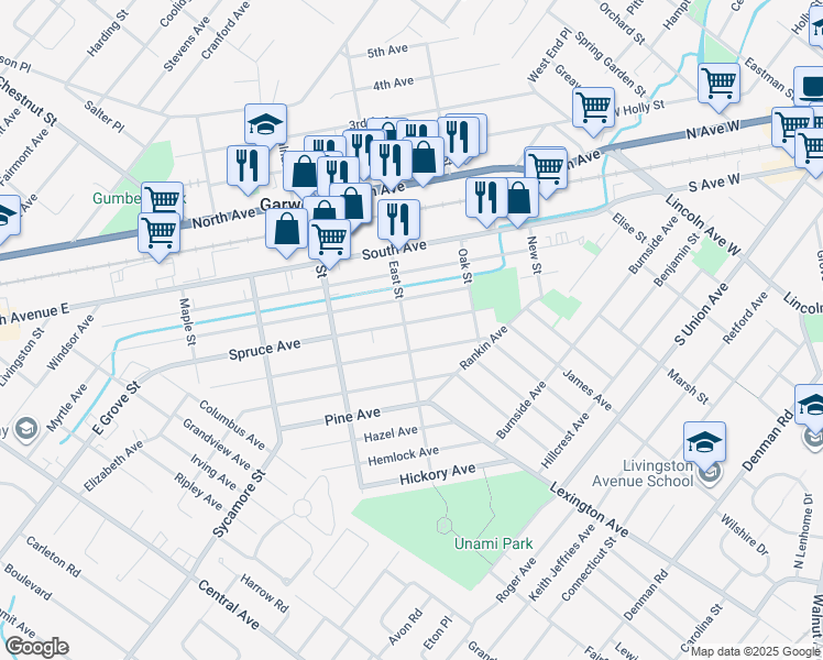 map of restaurants, bars, coffee shops, grocery stores, and more near 300 East Street in Garwood