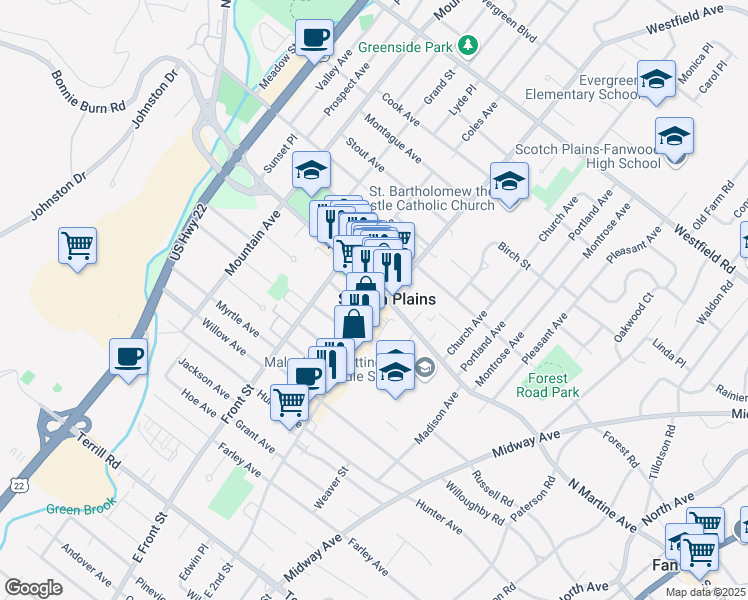 map of restaurants, bars, coffee shops, grocery stores, and more near 435 Park Avenue in Scotch Plains