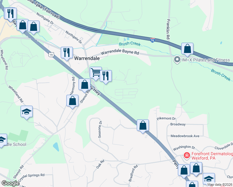 map of restaurants, bars, coffee shops, grocery stores, and more near 419 Fairmont Drive in Warrendale