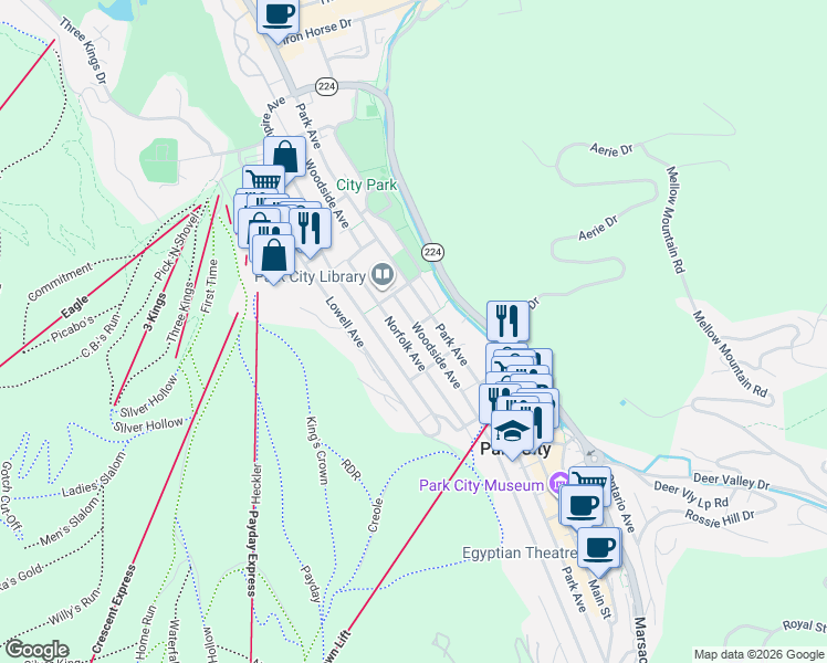 map of restaurants, bars, coffee shops, grocery stores, and more near 1061 Woodside Avenue in Park City