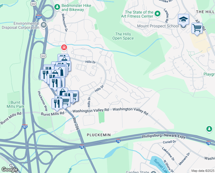 map of restaurants, bars, coffee shops, grocery stores, and more near 77 South Edgewood Road in Bedminster