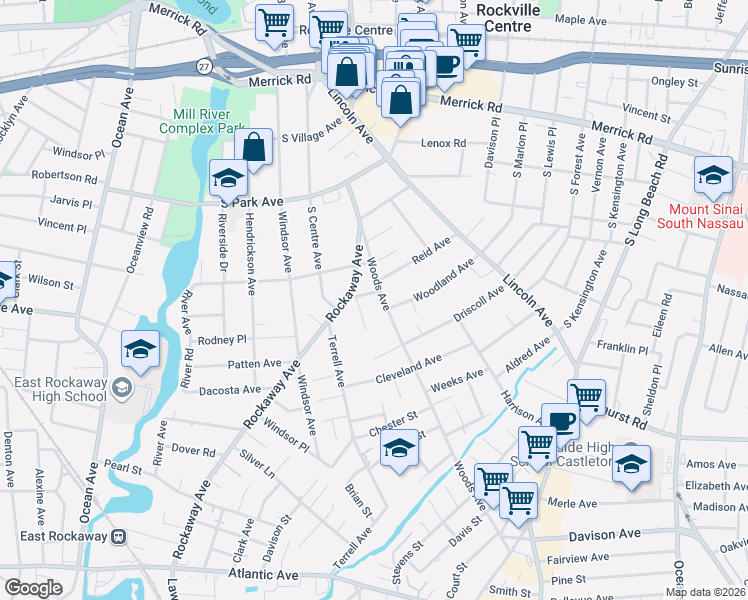 map of restaurants, bars, coffee shops, grocery stores, and more near 9 Woods Place in Rockville Centre