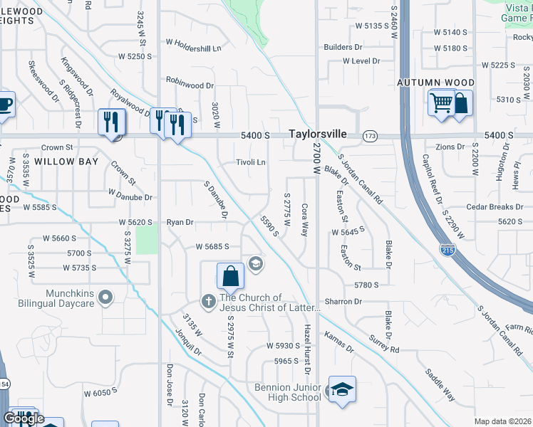 map of restaurants, bars, coffee shops, grocery stores, and more near 5597 South Bastile Drive in Salt Lake City