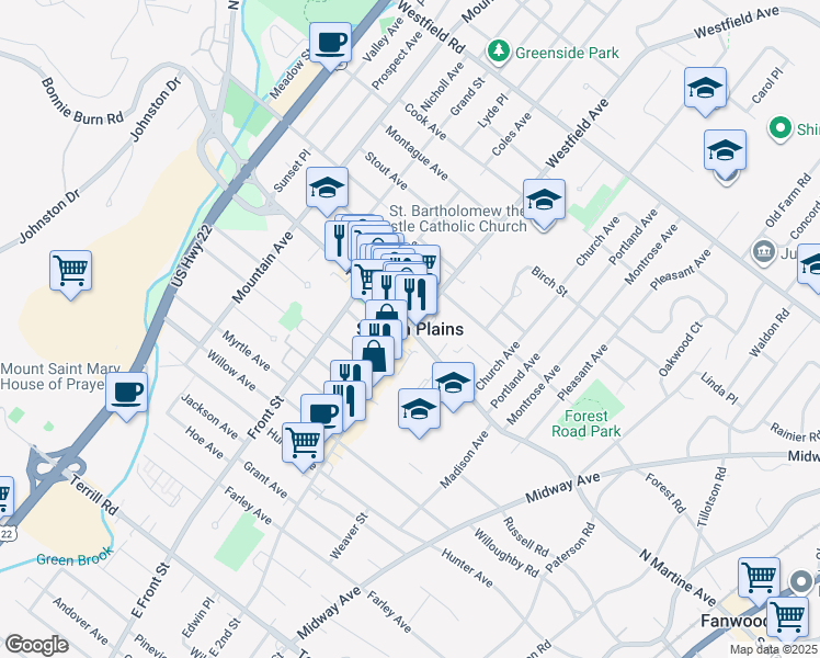 map of restaurants, bars, coffee shops, grocery stores, and more near Westfield Avenue & Park Avenue in Scotch Plains