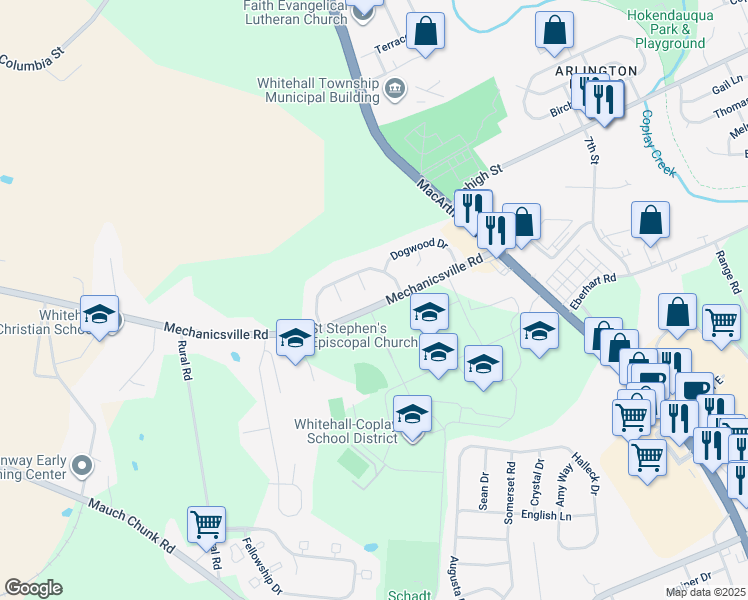 map of restaurants, bars, coffee shops, grocery stores, and more near 3034 Rosewood Court in Lehigh County