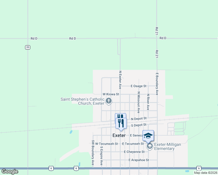 map of restaurants, bars, coffee shops, grocery stores, and more near 511 North Empire Avenue in Exeter