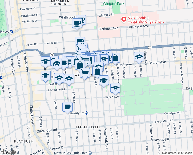 map of restaurants, bars, coffee shops, grocery stores, and more near 57 East 32nd Street in Brooklyn