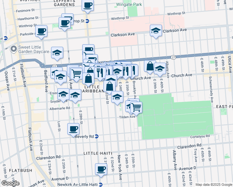 map of restaurants, bars, coffee shops, grocery stores, and more near 285 East 34th Street in Brooklyn