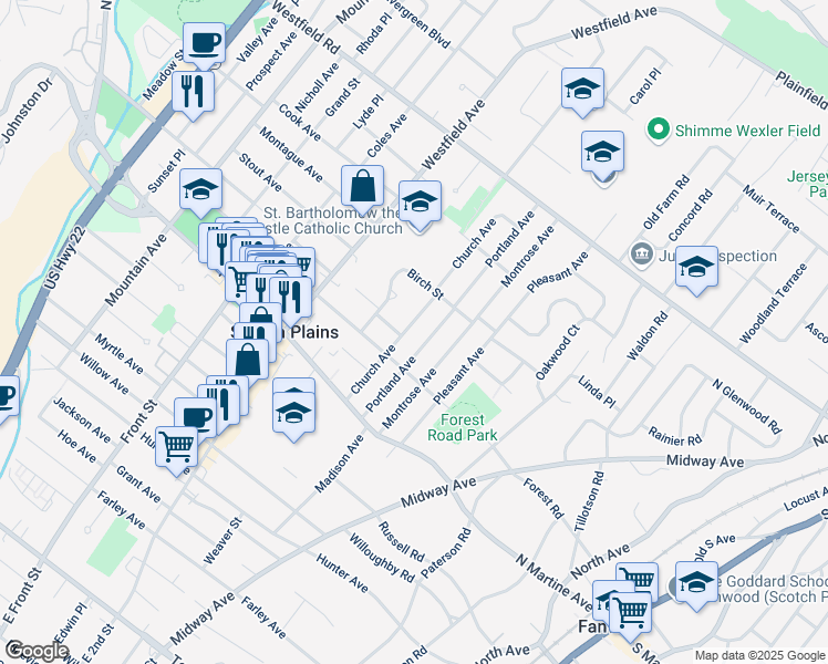 map of restaurants, bars, coffee shops, grocery stores, and more near 2000 Church Avenue in Scotch Plains
