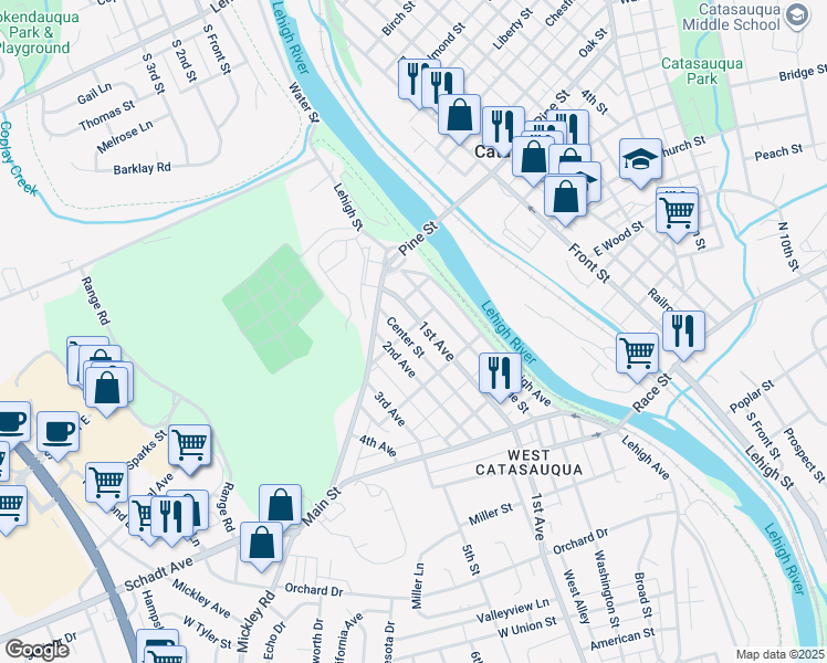 map of restaurants, bars, coffee shops, grocery stores, and more near 2301 North 1st Avenue in Lehigh County