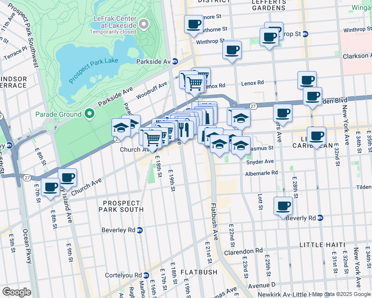 map of restaurants, bars, coffee shops, grocery stores, and more near 2010 Church Avenue in Brooklyn