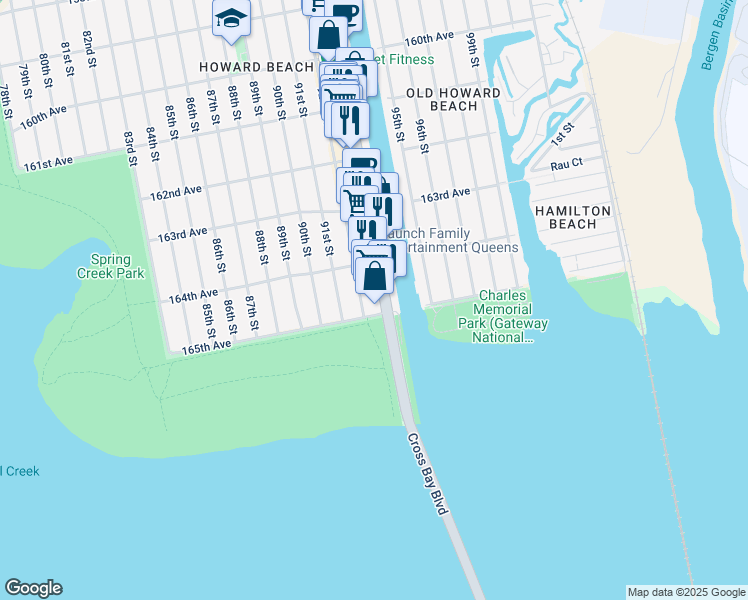 map of restaurants, bars, coffee shops, grocery stores, and more near 164-33 Cross Bay Boulevard in Queens