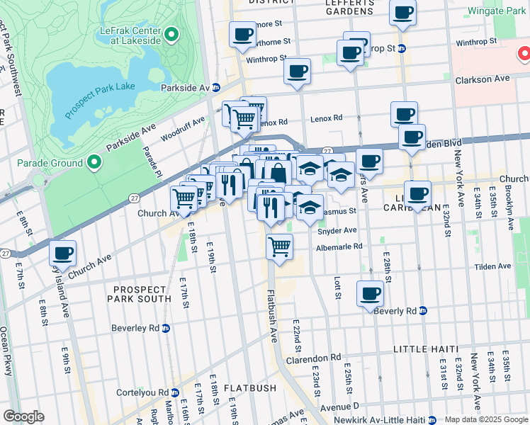 map of restaurants, bars, coffee shops, grocery stores, and more near 911 Flatbush Avenue in Brooklyn