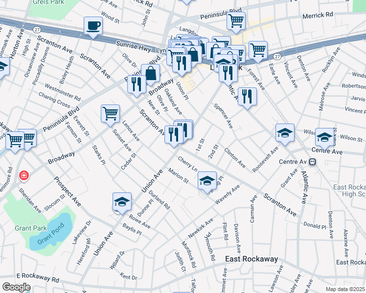map of restaurants, bars, coffee shops, grocery stores, and more near 142 Union Avenue in Lynbrook