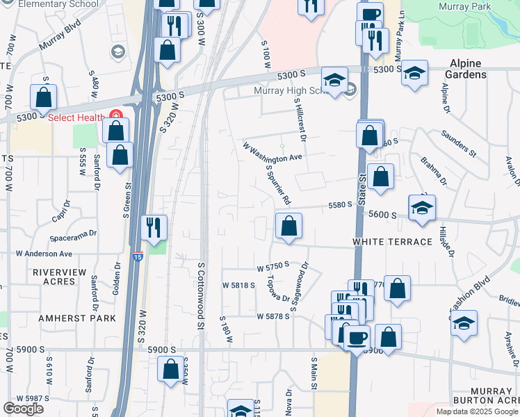 map of restaurants, bars, coffee shops, grocery stores, and more near 5564 Yellow Fin Way in Murray