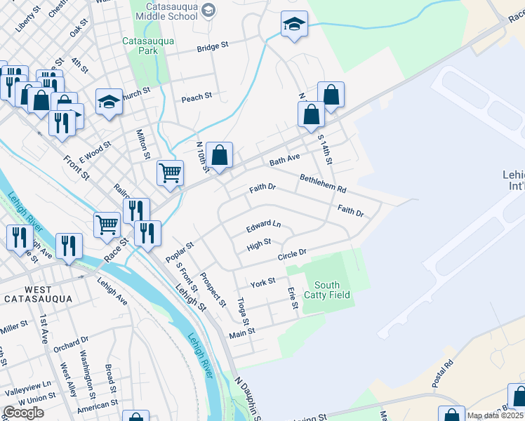 map of restaurants, bars, coffee shops, grocery stores, and more near 322 Poplar Street in Catasauqua