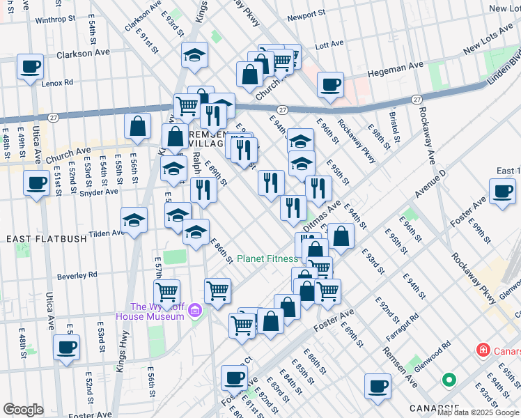 map of restaurants, bars, coffee shops, grocery stores, and more near 724 Remsen Avenue in Brooklyn