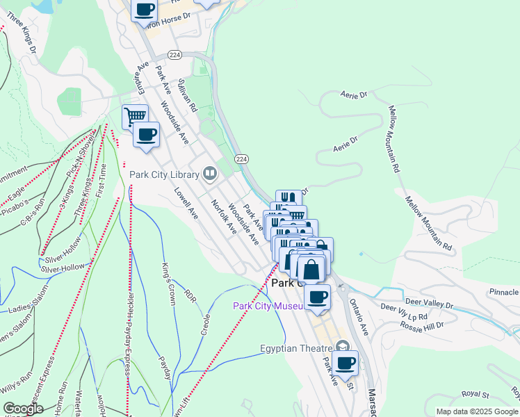 map of restaurants, bars, coffee shops, grocery stores, and more near 1000 Park Avenue in Park City