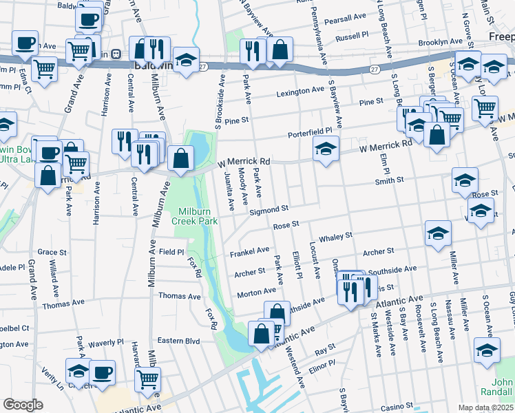 map of restaurants, bars, coffee shops, grocery stores, and more near 194 Park Avenue in Freeport