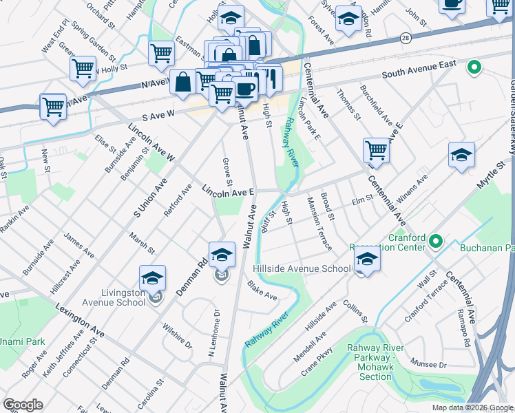 map of restaurants, bars, coffee shops, grocery stores, and more near 302 Walnut Avenue in Cranford