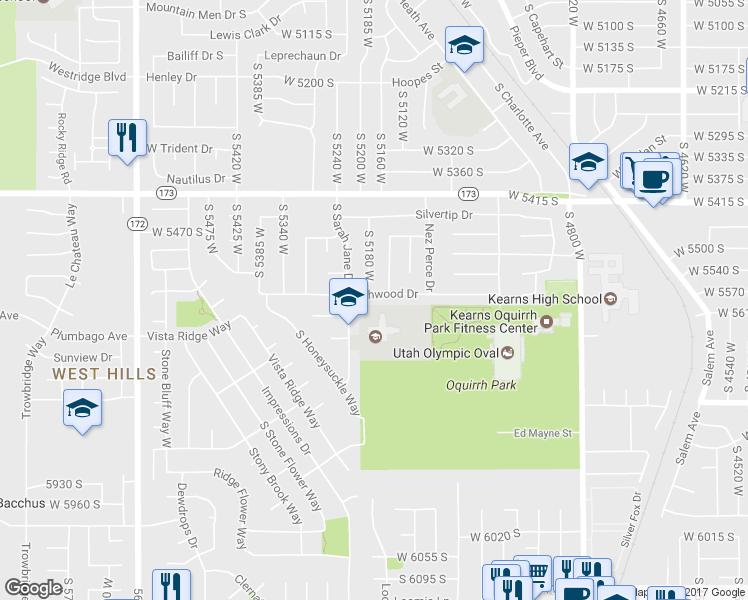 map of restaurants, bars, coffee shops, grocery stores, and more near 5173 West Highwood Drive in Kearns