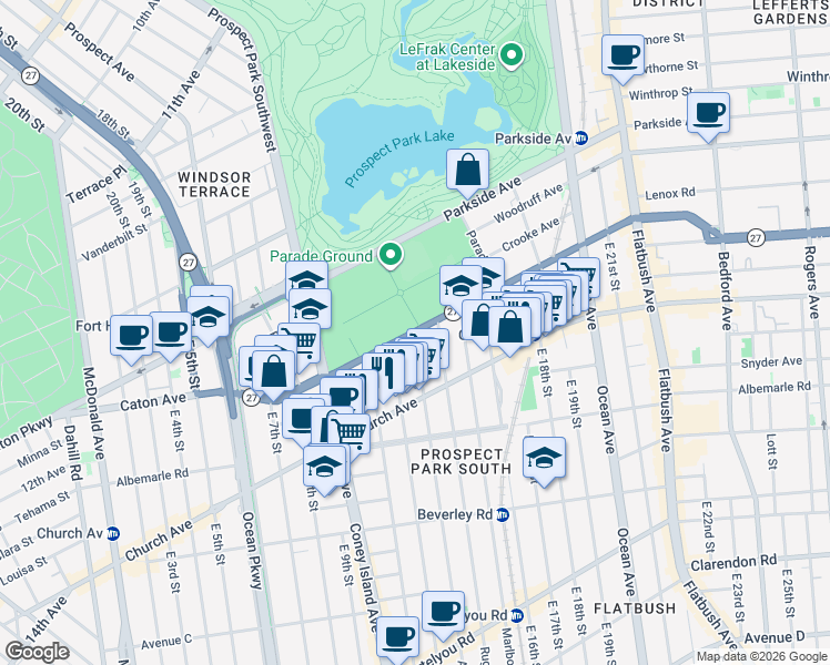 map of restaurants, bars, coffee shops, grocery stores, and more near Caton Avenue & Argyle Road in Brooklyn