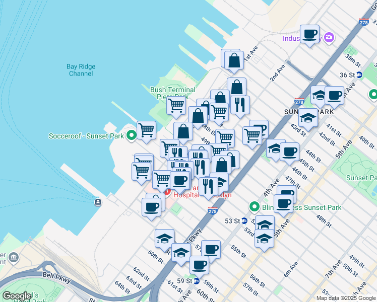 map of restaurants, bars, coffee shops, grocery stores, and more near 5005 1st Avenue in Brooklyn