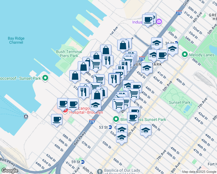 map of restaurants, bars, coffee shops, grocery stores, and more near 238 47th Street in Brooklyn