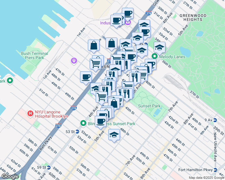 map of restaurants, bars, coffee shops, grocery stores, and more near in Brooklyn