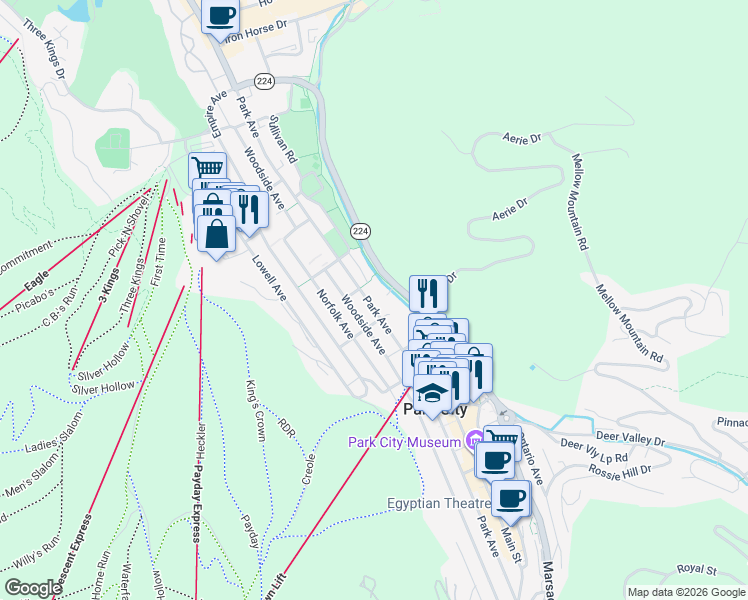 map of restaurants, bars, coffee shops, grocery stores, and more near 1064 Park Avenue in Park City