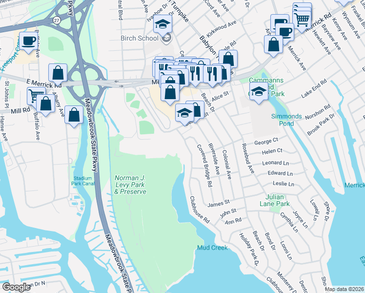 map of restaurants, bars, coffee shops, grocery stores, and more near 2674 Clubhouse Road in Merrick