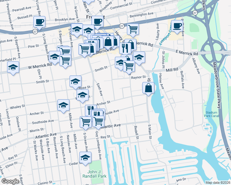 map of restaurants, bars, coffee shops, grocery stores, and more near 214 Church Street in Freeport