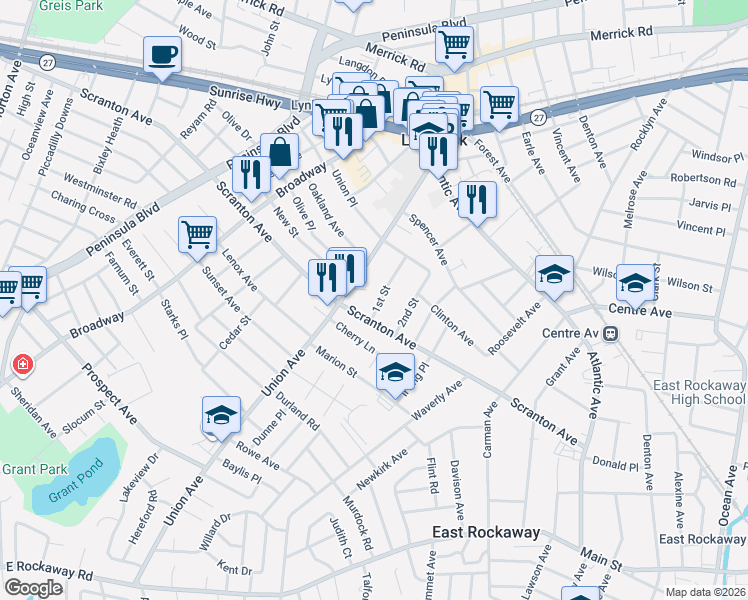 map of restaurants, bars, coffee shops, grocery stores, and more near 33 1st Street in Lynbrook
